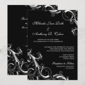繊細な白いレースのようなスクロールデザインが黒い背景に施された、5x7の結婚式にぴったりな華麗な渦巻 招待状 (正面/裏面)