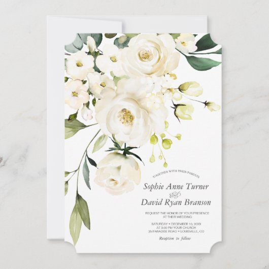 繊細な白い水彩花のウェディング 招待状 (正面)