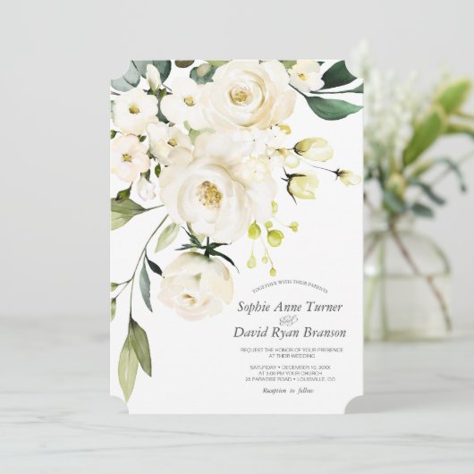 繊細な白い水色の花結婚の色 招待状 (スタンド正面)
