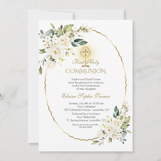 繊細な白い花のゴールドの初めての聖体拝領 招待状 (正面)