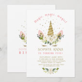 繊細な白い花のゴールドユニコーンの女の子の誕生日 招待状 (正面/裏面)