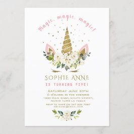 繊細な白い花のゴールドユニコーンの女の子の誕生日 招待状