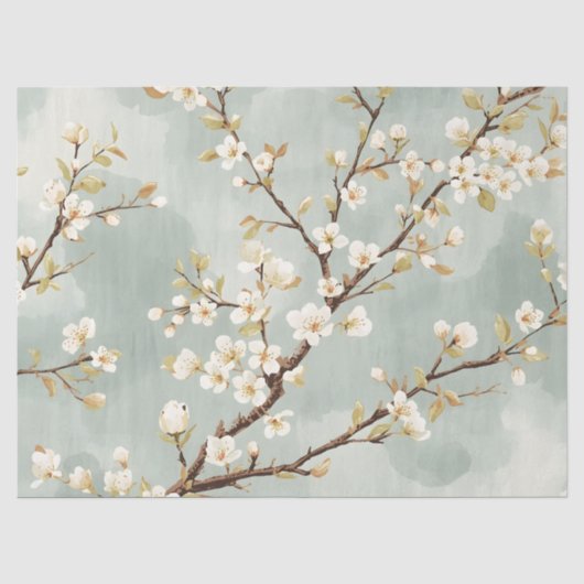 繊細な白い花の枝の植物画 薄葉紙 (正面)