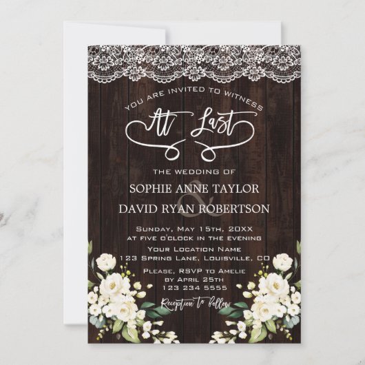 繊細な白い花レース手書き結婚の文字 招待状 (正面)