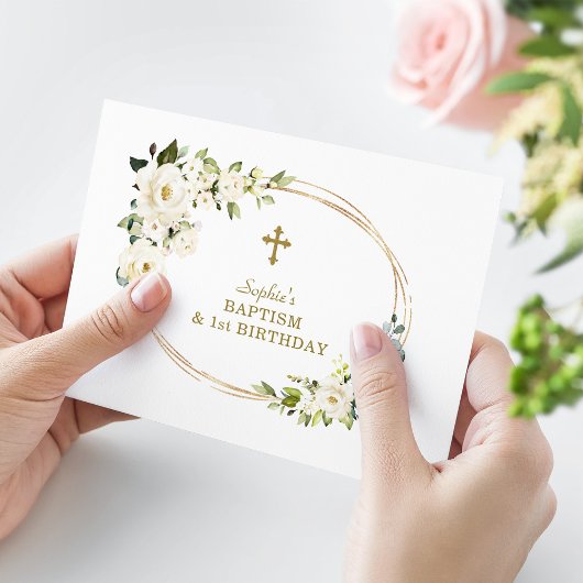 繊細な白い花女の子1歳の誕生日バプテスマ サンキューカード