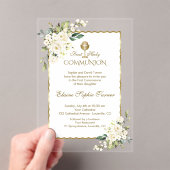 繊細な白い花金ゴールドガールホリー・コミュニオン アクリル招待状 (インサイチュ (ポータブル))