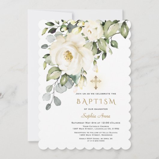 繊細な白い花金ゴールドクロスガールバプテスマ 招待状 (正面)