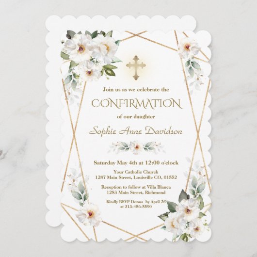 繊細な白い花金ゴールド交差確認 招待状 (正面/裏面)