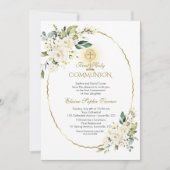 繊細な白い花金ゴールド最初の聖餐式 招待状 (正面)