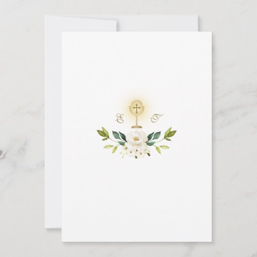 繊細な白い花金ゴールド最初の聖餐式 招待状 (裏面)