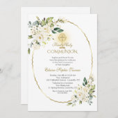 繊細な白い花金ゴールド最初の聖餐式 招待状 (正面/裏面)