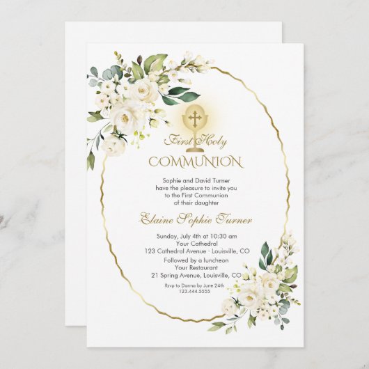 繊細な白い花金ゴールド最初の聖餐式 招待状 (正面/裏面)