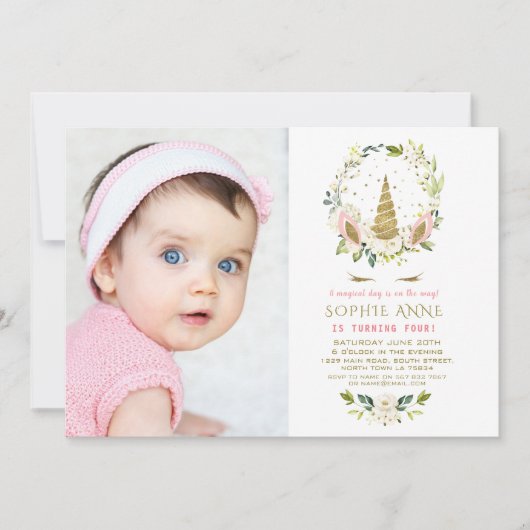 繊細な白い花金ゴールドUnicorn写真誕生日 招待状 (正面)