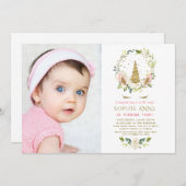 繊細な白い花金ゴールドUnicorn写真誕生日 招待状 (正面/裏面)