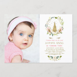 繊細な白い花金ゴールドUnicorn写真誕生日 招待状