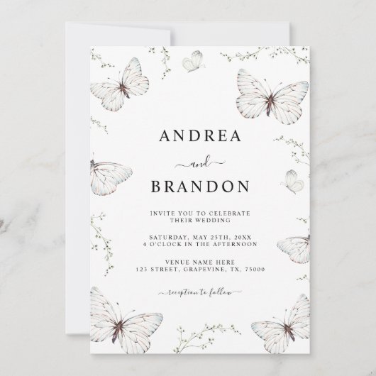 繊細な白い蝶の庭園の結婚式すべて1つ 招待状 (正面)