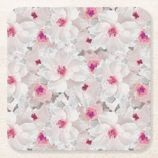 繊細な白とピンクのフローラ スクエアペーパーコースター (正面)
