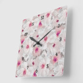 繊細な白とピンクのフローラ スクエア壁時計 (傾斜)