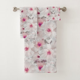 繊細な白とピンクのフローラ バスタオルセット