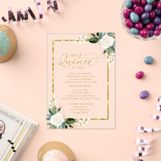 繊細な白と金ゴールドフローラキンセアニラ アクリル招待状 (インサイチュ (お祝い))