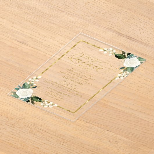 繊細な白と金ゴールドフローラキンセアニラ アクリル招待状 (レイダウン)
