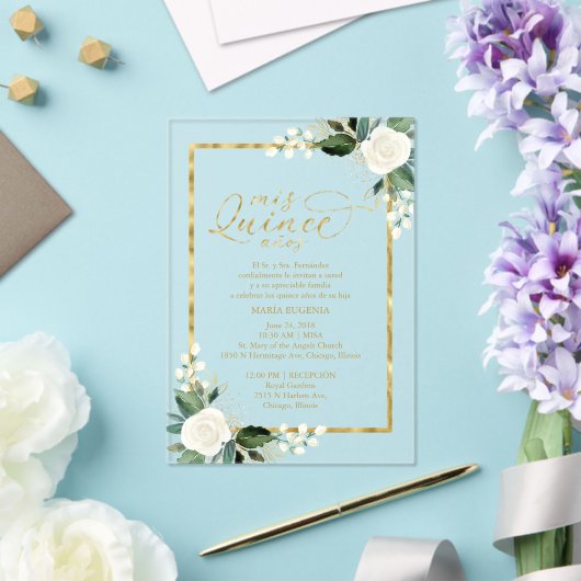 繊細な白と金ゴールドフローラキンセアニラ アクリル招待状 (インサイチュ (ウェディング))