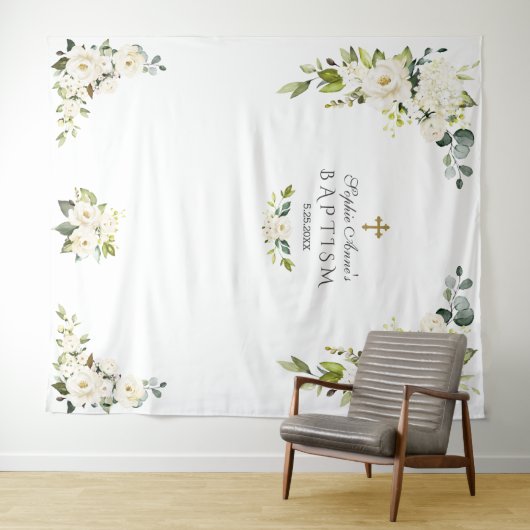 繊細な白の花の洗礼写真ブース小道具 タペストリー (インサイチュ(横))