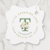 繊細な白の花モチーフの円形住所ラベル フェイバータグ (裏面)