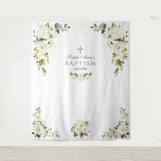 繊細な白フローラバプテスフォトブースプロップ タペストリー (正面)