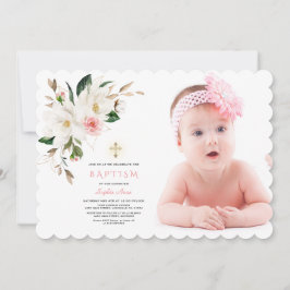 繊細な白マグノリア写真少女バプテスマ 招待状