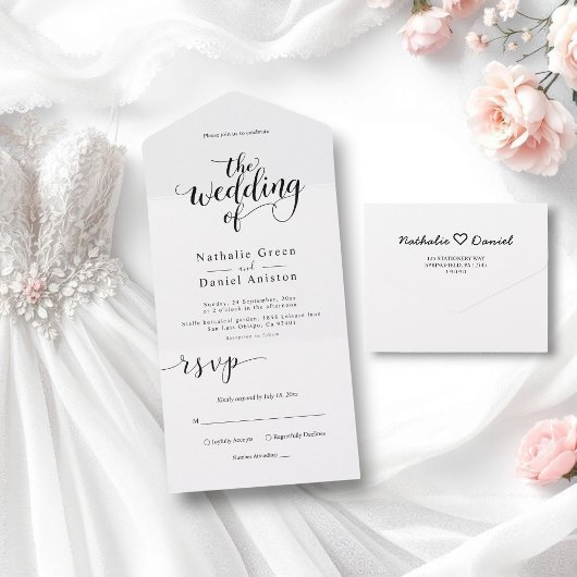 繊細な白黒のスクリプシンプルト結婚 オールインワン招待状