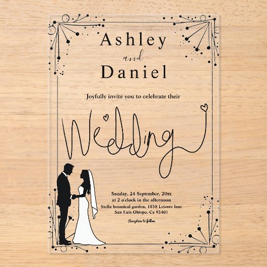 繊細な白黒のロマンチックなカップル結婚の アクリル招待状 (正面)