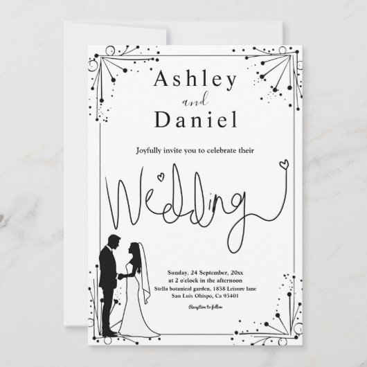 繊細な白黒のロマンチックなカップル結婚の 招待状 (正面)