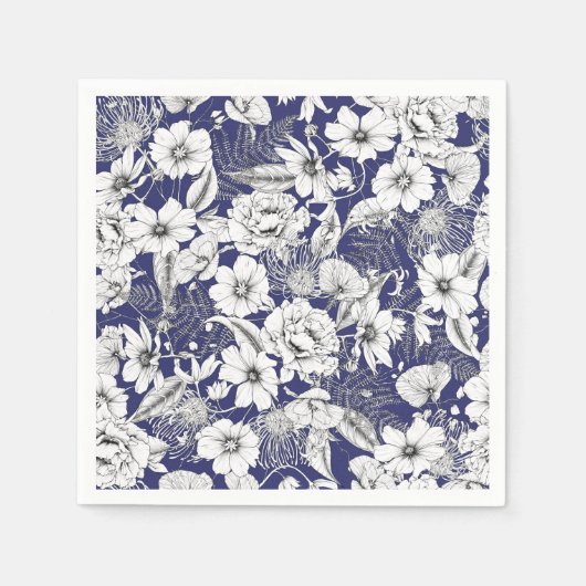 繊細な白黒ラインスケッチ牡丹リリーブン スタンダードカクテルナプキン (正面)