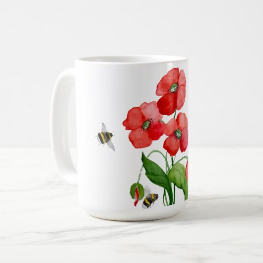繊細な真っ赤なケシの花とハチ コーヒーマグカップ (正面左)