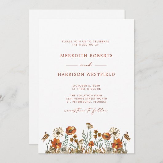繊細な秋の野生の花シンプルのエレガントな結婚式 招待状 (正面/裏面)