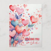 繊細な筆致の水彩ハート風船 エレガントな書体で ポストカード (正面)