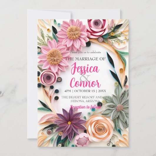 繊細な紙細工の花と緑のウェディングアート 招待状 (正面)