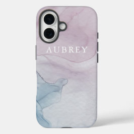 繊細な紫の抽象芸術プリントと名前 iPhone 16ケース