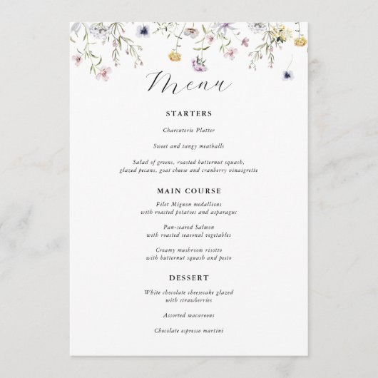 繊細な紫の野生の花の結婚式メニュー メニュー (正面)