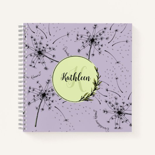 繊細な紫の野生の花 タンポポの優しいキス 花のような ノートブック (正面)