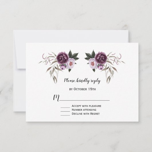 繊細な紫色のピンクの牡丹の花の金ゴールド結婚 出欠カード (裏面)