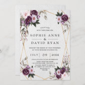 繊細な紫色のピンクの牡丹の花の金ゴールド結婚 招待状 (正面/裏面)