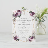 繊細な紫色のピンク牡丹の花の金ゴールド婚約 招待状 (スタンド正面)