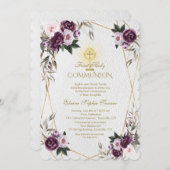 繊細な紫色のピンク牡丹の花聖なる聖餐式 招待状 (正面/裏面)