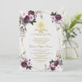 繊細な紫色のピンク牡丹の花聖なる聖餐式 招待状 (スタンド正面)