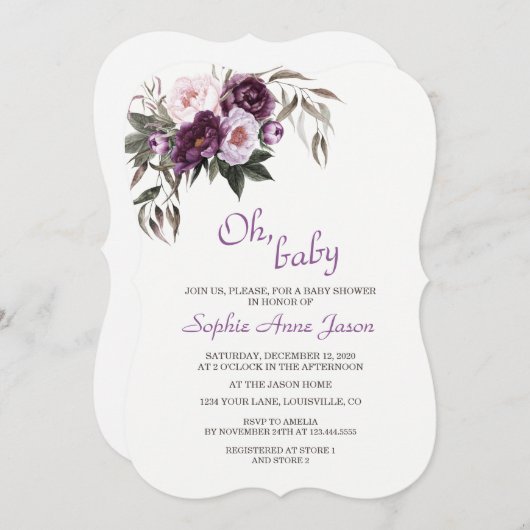 繊細な紫色のピンク牡丹の花赤ちゃんシャワー 招待状 (正面/裏面)