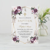 繊細な紫色のピンク牡丹の花金ゴールドバプテスマ 招待状 (スタンド正面)