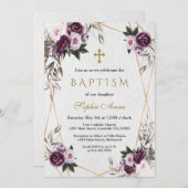 繊細な紫色のピンク牡丹の花金ゴールドバプテスマ 招待状 (正面/裏面)