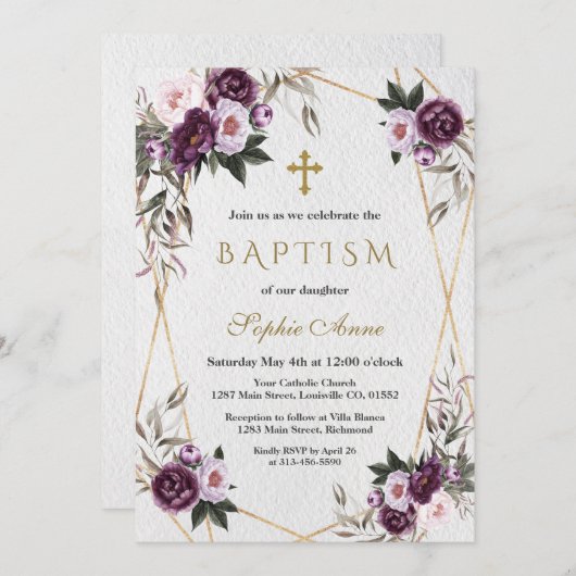 繊細な紫色のピンク牡丹の花金ゴールドバプテスマ 招待状 (正面/裏面)